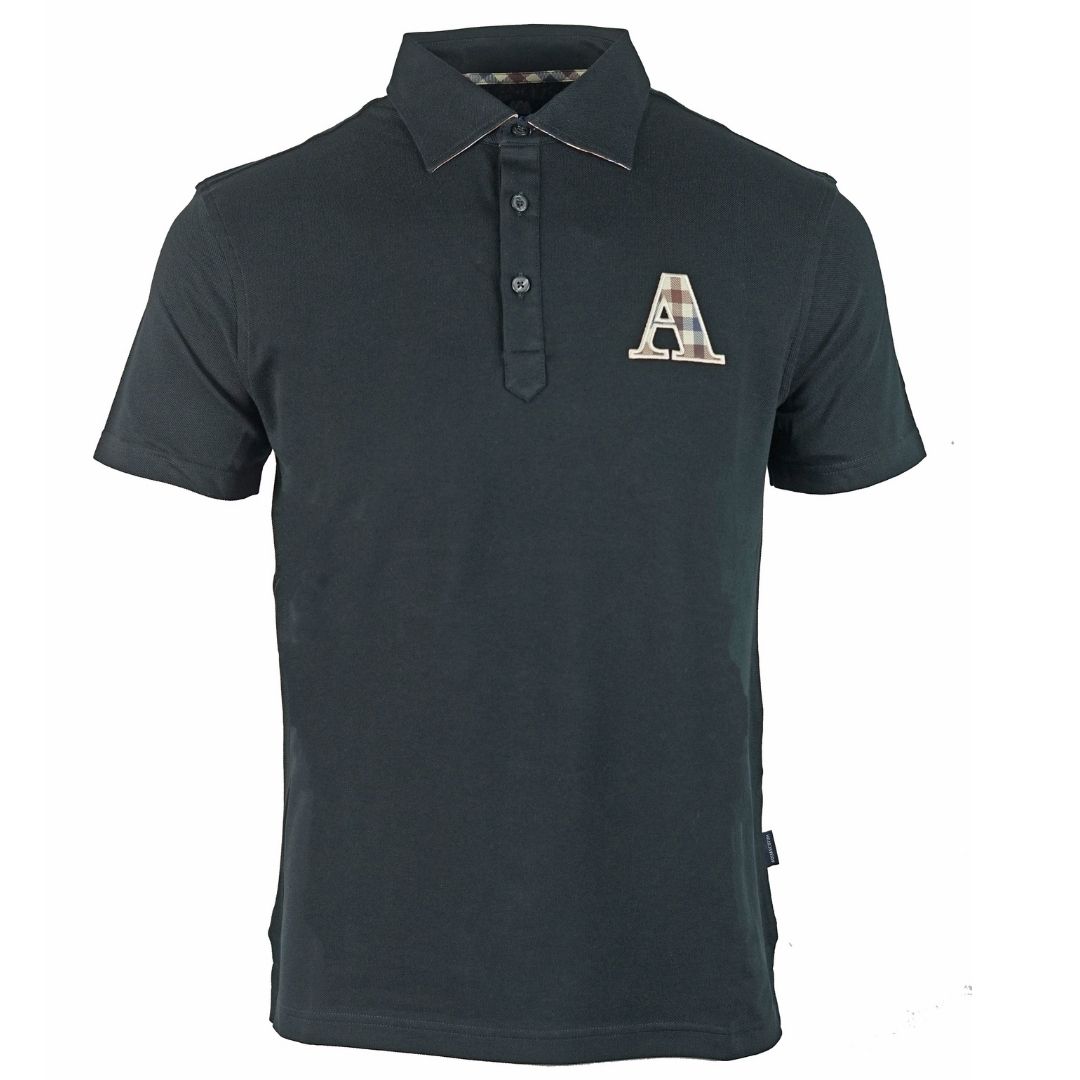 Aquascutum Brand A Logo Black Polo Shirt. Aquascutum Brand A Logo Black Polo Shirt. Signature Check On The 'A' Logo, Short Sleeves. Stretch Fit 94% Cotton 6% Elastane. Regular Fit, Fits True To Size. QMP022 02