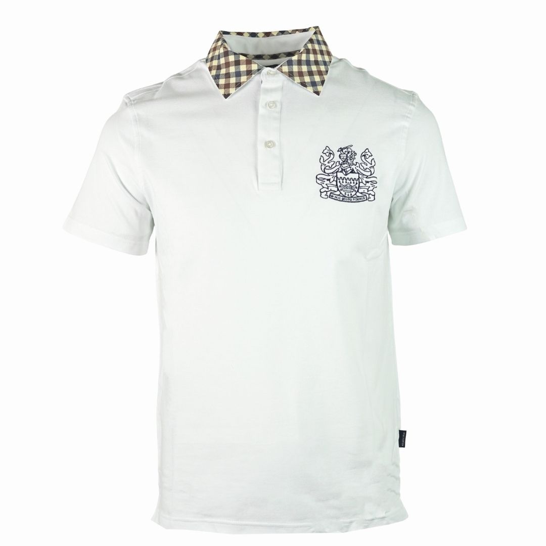Aquascutum Signature Check Collar White Polo Shirt. Aquascutum Signature Check Collar White Polo Shirt. Aldis Logo, Signature Check On The Collar, Short Sleeves. Stretch Fit 94% Cotton 6% Elastane. Regular Fit, Fits True To Size. QMP026 01