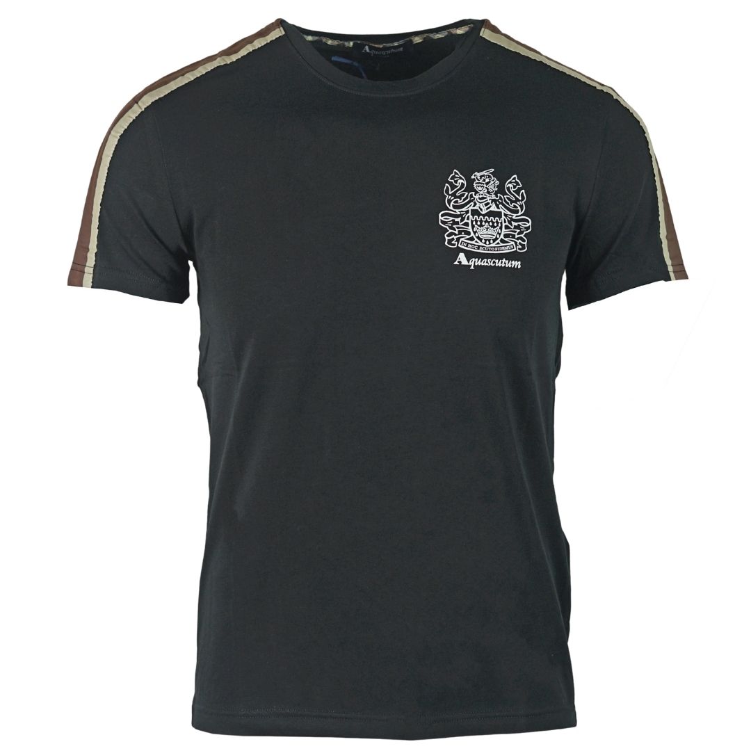 Aquascutum Shoulder Stripe Black T-Shirt. Aquascutum Shoulder Stripe Black T-Shirt. Crew Neck, Short Sleeves. Stretch Fit 95% Cotton 5% Elastane. Regular Fit, Fits True To Size. Made In Italy, QMT017M0 02