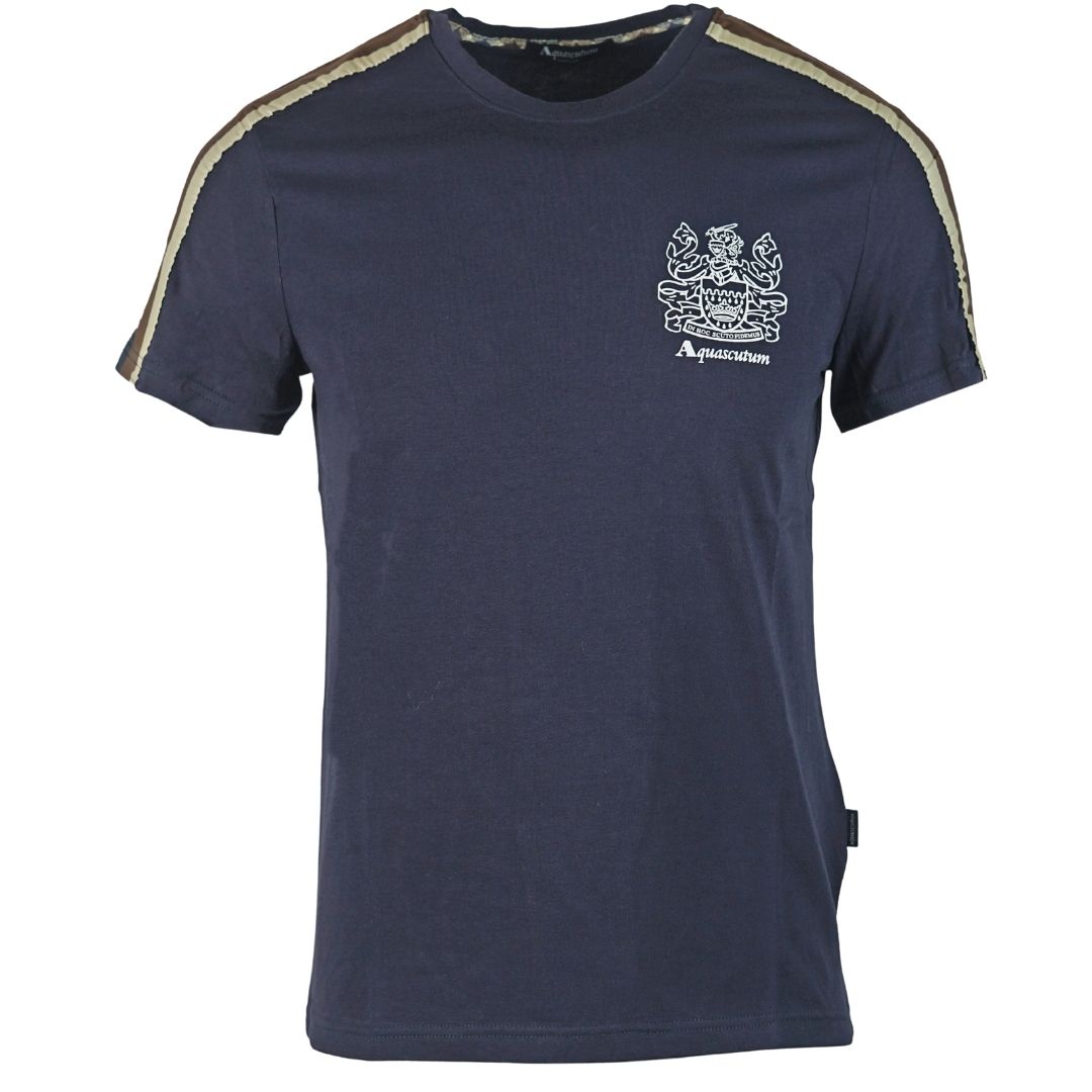 Aquascutum Shoulder Stripe Navy T-Shirt. Aquascutum Shoulder Stripe Navy T-Shirt. Crew Neck, Short Sleeves. Stretch Fit 95% Cotton 5% Elastane. Regular Fit, Fits True To Size. Made In Italy, QMT017M0 03