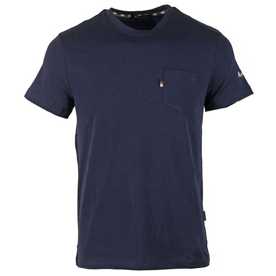 Aquascutum Sleeve Logo Navy T-Shirt. Aquascutum Sleeve Logo Navy T-Shirt. Crew Neck, Short Sleeves. Stretch Fit 95% Cotton 5% Elastane. Regular Fit, Fits True To Size. Made In Italy, QMT021M0 03