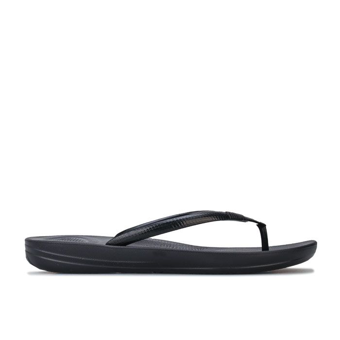 Womens iQushion Ergonomic Flip-Flops Black. <BR><BR>- Biomechanically engineered  comfortable toe-thong flip flops<BR>- Pearlised  snakeprint-embossed uppers with embossed FitFlop logo.<BR>- iQUSHION midsole is made with ultra-light  flexible air-foam cushioning with impact pillows at front and back.<BR>- Anatomically shaped footbed for all-day comfort.<BR>- Built-in arch contour<BR>- Flexible  slip-resistant rubber outsole.<BR>- Average width.<BR>- Heel height 1“ - 2.5cm approximately.<BR>- Synthetic upper  Synthetic lining  Synthetic sole.<BR>- Ref: R07001