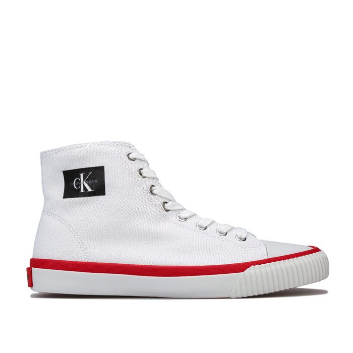 Womens Clavin Klein Jeans Isidora Hi Top Lace Up Canvas Pumps in White<BR><BR>- Lace up fastening with metal eyelets.<BR>- Canvas upper with rubber toe cap.<BR>- Padded tongue.<BR>- Cushioned footbed.<BR>- Vulcanised rubber cupsole.<BR>- Contrast red piping to sole.<BR>- Branding to tongue  side and heel.<BR>- Textile upper  Textile lining  Synthetic sole.<BR>- Ref: R0774WHT