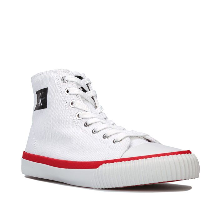 Womens Clavin Klein Jeans Isidora Hi Top Lace Up Canvas Pumps in White<BR><BR>- Lace up fastening with metal eyelets.<BR>- Canvas upper with rubber toe cap.<BR>- Padded tongue.<BR>- Cushioned footbed.<BR>- Vulcanised rubber cupsole.<BR>- Contrast red piping to sole.<BR>- Branding to tongue  side and heel.<BR>- Textile upper  Textile lining  Synthetic sole.<BR>- Ref: R0774WHT