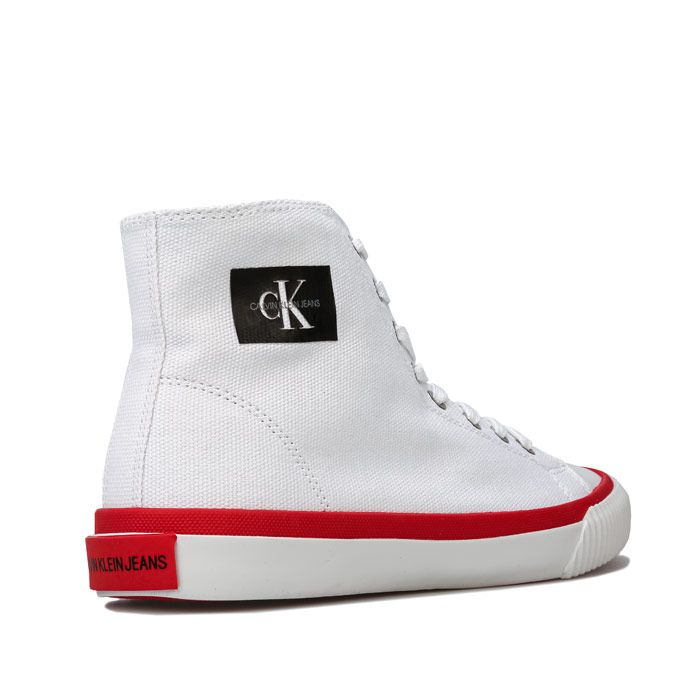 Womens Clavin Klein Jeans Isidora Hi Top Lace Up Canvas Pumps in White<BR><BR>- Lace up fastening with metal eyelets.<BR>- Canvas upper with rubber toe cap.<BR>- Padded tongue.<BR>- Cushioned footbed.<BR>- Vulcanised rubber cupsole.<BR>- Contrast red piping to sole.<BR>- Branding to tongue  side and heel.<BR>- Textile upper  Textile lining  Synthetic sole.<BR>- Ref: R0774WHT