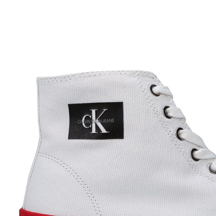 Womens Clavin Klein Jeans Isidora Hi Top Lace Up Canvas Pumps in White<BR><BR>- Lace up fastening with metal eyelets.<BR>- Canvas upper with rubber toe cap.<BR>- Padded tongue.<BR>- Cushioned footbed.<BR>- Vulcanised rubber cupsole.<BR>- Contrast red piping to sole.<BR>- Branding to tongue  side and heel.<BR>- Textile upper  Textile lining  Synthetic sole.<BR>- Ref: R0774WHT