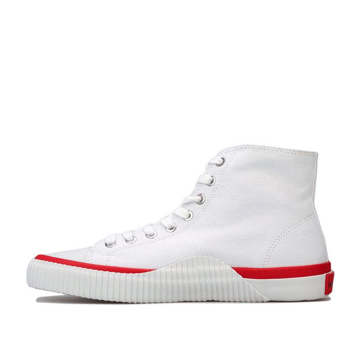 Womens Clavin Klein Jeans Isidora Hi Top Lace Up Canvas Pumps in White<BR><BR>- Lace up fastening with metal eyelets.<BR>- Canvas upper with rubber toe cap.<BR>- Padded tongue.<BR>- Cushioned footbed.<BR>- Vulcanised rubber cupsole.<BR>- Contrast red piping to sole.<BR>- Branding to tongue  side and heel.<BR>- Textile upper  Textile lining  Synthetic sole.<BR>- Ref: R0774WHT