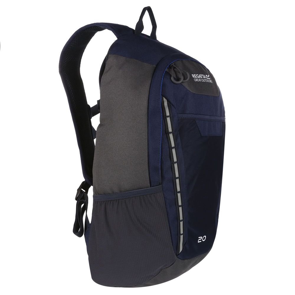 20 litre capacity. Hardwearing 600D polyester. Air mesh back construction to allow ventilated airflow.Air mesh adjustable shoulder straps. Adjustable sliding chest harness. Front pouch pocket.Side mesh water bottle pockets. Internal padded laptop pocket. Reflective detail for enhanced visibility.Daisy chain webbing. Easy grab zip pullers.