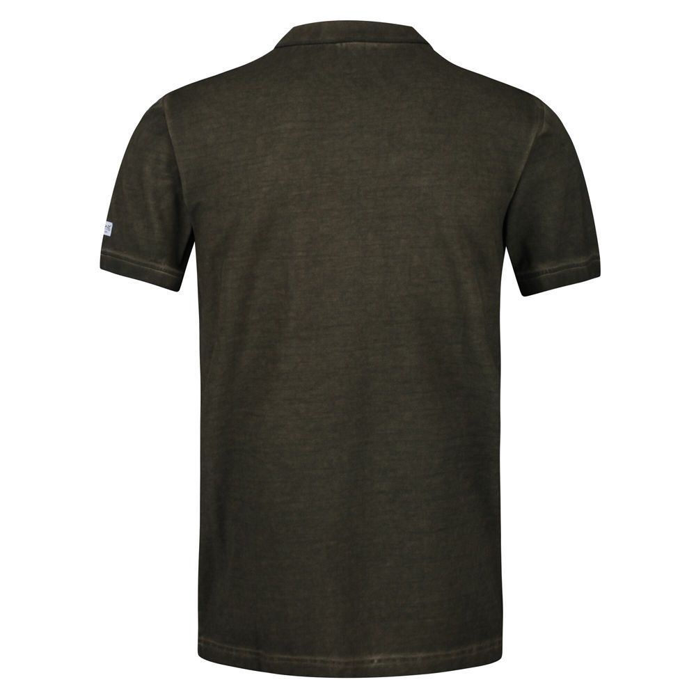 210gsm Coolweave 100% Organic Cotton pigment dyed pique fabric with distressed finish.Ribbed collar and cuffs.2 Button placket with dyed to match branded buttons.