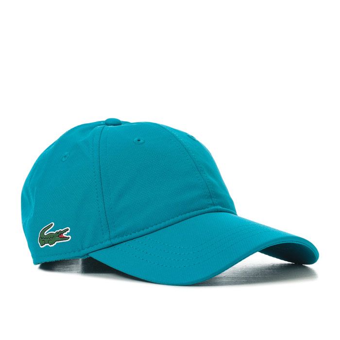 Mens Lacoste Baseball Cap  Turquoise. <BR><BR>- Adjustable strap.<BR>- Breathable eyelets. <BR>- Decorative overstitching. <BR>- Fabric sweatband built in.<BR>- Embroidered green crocodile on side. <BR>- Curved peak finish. <BR>- 100% polyester. Machine washable. <BR>- Ref: RK244700B9V