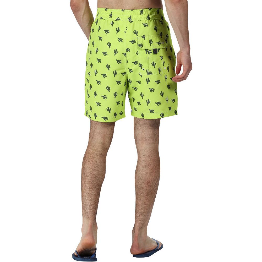 100% Polyester Taslan fabric. Quick drying fabric. All over print. Adjustable drawcord waist. 2 side pockets. 1 back pocket. Mesh brief liner with security pocket.