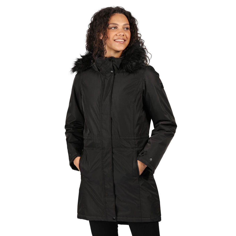 Waterproof and breathable Isotex 5000 100% polyester coated high shine twill fabric. Breathability rating 5,000g/m2/24hrs. Taped seams. Durable water repellent finish. Thermo-Guard insulation. Polyester taffeta lining. Internal security pocket. Grown on hood with adjuster and removable faux fur trim. 2 way centre front zip. Adjustable cuffs with snap fastening. Internal stormcuffs. Adjustable shockcord waist. 2 zipped lower pockets.