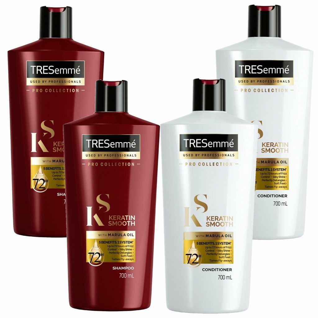Tresemme Keratin Smooth Shampoo & Conditioner, Pack of 2, 700ml

Say hello to Keratin Smooth, as seen backstage at some of this season’s runway shows. TRESemmé Keratin Smooth, with Keratin and Marula oil from Africa, gives you up to 72 hours of frizz control* and 5 smoothing benefits in 1 system** - Keratin Smooth shampoo and conditioner - for hair that’s silky smooth but still full of natural movement. Anti-frizz, visible hair repair, detangles knots, boosts shine, adds softness and tames flyaways.

Features : 

    TRESemmé Keratin Smooth hair shampoo helps to control frizzy hair without leaving hair looking dull
    TRESemmé Keratin Smooth System helps you to achieve silky smooth hair that's still full of natural movement System of Keratin Smooth Shampoo and Conditioner
    Formulated with Keratin and Marula oil; you can enjoy up to 72 hours of frizz control System of Keratin Smooth Shampoo and Conditioner vs non-conditioning shampoo
    Frizz control shampoo, detangle knots, boost shine, add softness and tame flyaways
    Enjoy a smooth look and feel that moves as you do
    Follow up with TRESemmé Keratin Smooth Conditioner to smooth every strand.


How to use: 

    Apply a generous dose of TRESemmé Keratin Shampoo to wet hair. 
    Gently massage the scalp and roots with fingertips to work into a lather. 
    Once you’ve worked up a good lather, rinse well. 
    Follow up with the Keratin Smooth Conditioner to fight frizz and smooth every strand. 
    Then prep hair for styling with the Keratin Smooth Heat Protect Spray and finish with the Keratin Smooth Shine Oil to give your look professional-quality polish.
   

Caution : use only as directed. Avoid contact with eyes. If eye contact occurs wash out immediately with warm water. If irritation occurs discontinue use. As we are always looking to improve our products, our formulations change from time to time, so please always check the product packaging before use.
