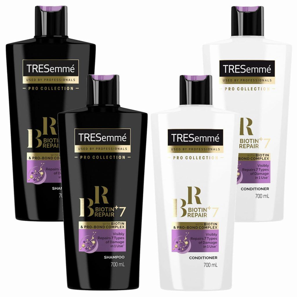 Tresemme Biotin Repair+7 Shampoo Pack of 2 & Conditioner Pack of 2, 700ml 

Dry, damaged hair? Our Biotin+ Repair 7 range, formulated with biotin & pro-bond complex contains a patented blend of molecules that penetrate inside the hair fibre to restore broken bonds caused by hair damage. The formulation reinforces the protein structure of each hair strand and visibly repairs 7 types of damage in just one use: whether you blow dry, bleach, brush, straighten, colour, braid and/or curl your hair! Our Biotin+ Repair 7 strengthens each strand of your hair, inside and out; protecting your hair so you can keep on styling, without worrying about damage. 


How to use:

    Apply a generous amount of shampoo to wet hair
    Gently massage the scalp and the roots with fingertips to work into a lather 
    Rinse thoroughly
    Follow with Biotin+ repair 7 conditioners to maximise results for healthy-looking, moisturised hair
    Squeeze a generous amount of conditioner into the palm and distribute evenly 
    Apply to damp hair focusing on mid-lengths and ends first
    Leave in for minutes 
    Rinse thoroughly

Start your routine by gently cleansing your hair with Biotin+ Repair 7 shampoo and Conditioner to visibly repair your hair in just one use. 
   

Caution : use only as directed. Avoid contact with eyes. If eye contact occurs wash out immediately with warm water. If irritation occurs discontinue use. As we are always looking to improve our products, our formulations change from time to time, so please always check the product packaging before use.
