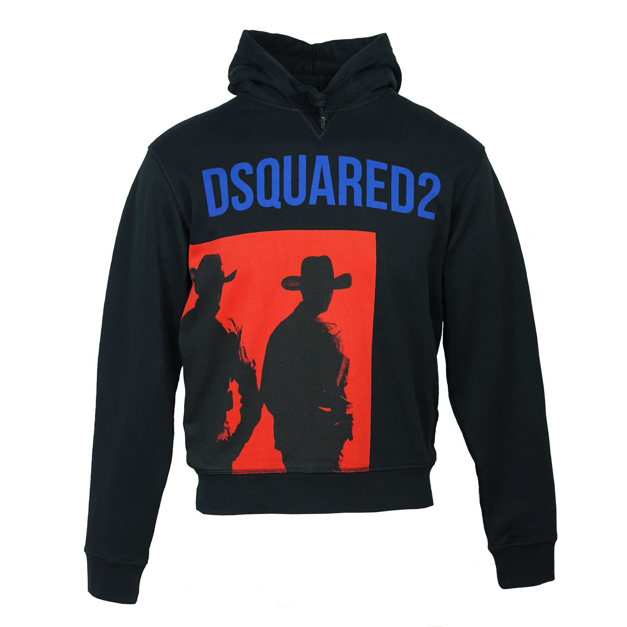 DSquared2 S71GU0253 900 Hoodie. DSquared2 Black Hoodie. Large Graphic Motif On Front. 55% Viscose, 45% Cotton. Made In Italy. Elasticated Waistband and Sleeves