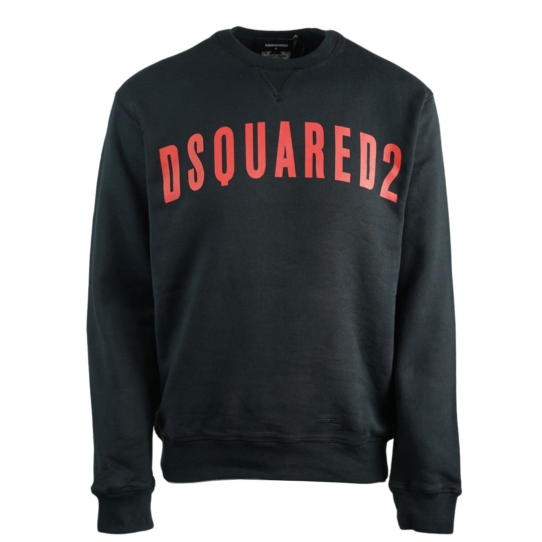 Dsquared2 Large Logo Cool Fit Black Sweatshirt. Dsquared2 S71GU0317 S25030 900 Jumper. 100% Cotton. Cool Fit, Fits True To Size. Large Red Logo. Elasticated Neck, Sleeve Ends and Bottom