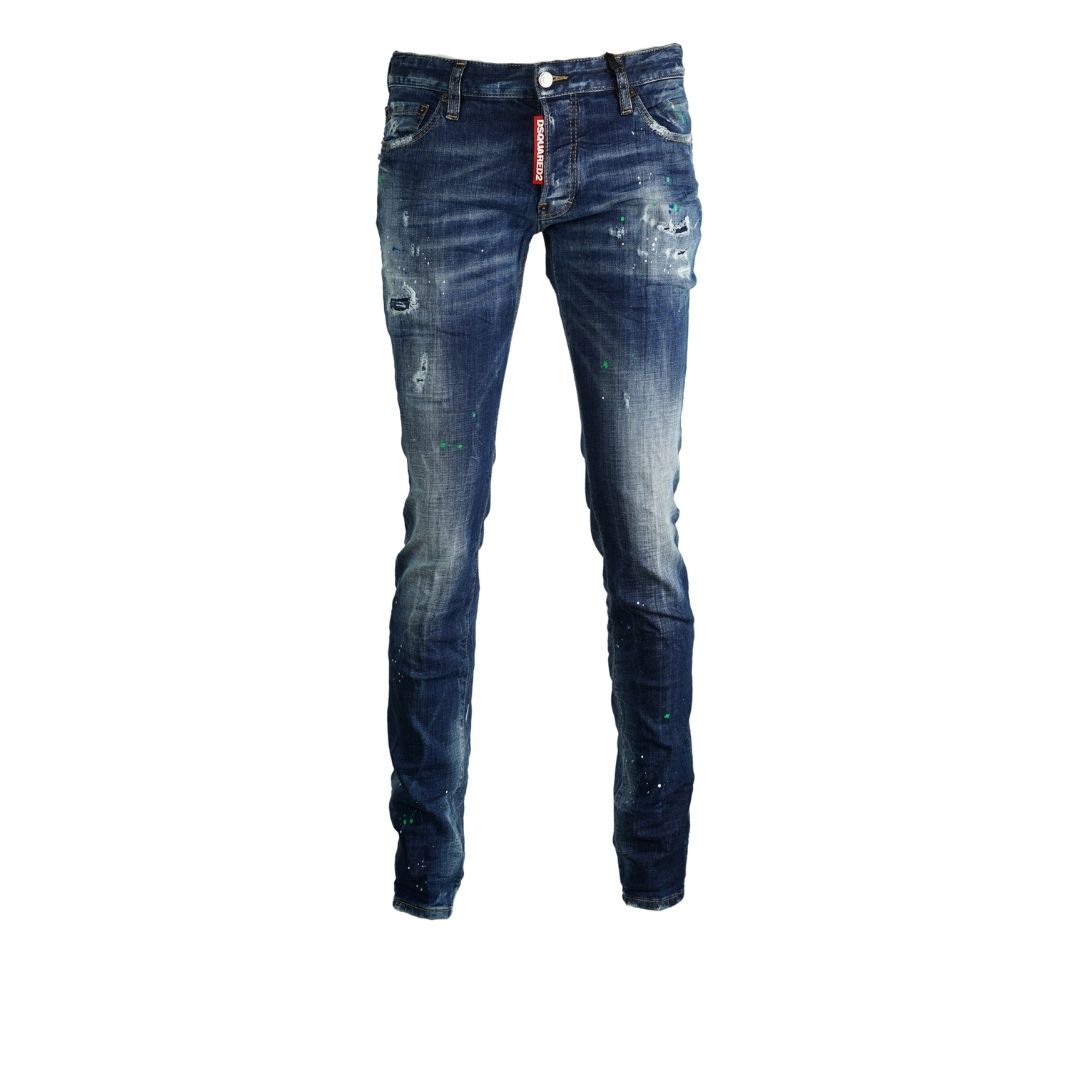 Dsquared2 Slim Jean Paint Splash Effect Jeans. D2 Slim Jean S71LB0637 S30342 470. Stretch Denim 98% Cotton 2% Elastane. Button Fly, Made In Italy. Slim Fit With A Tapered Leg. Large Branded Badge ,Paint Splash Detail, Destroyed Reinforced Denim