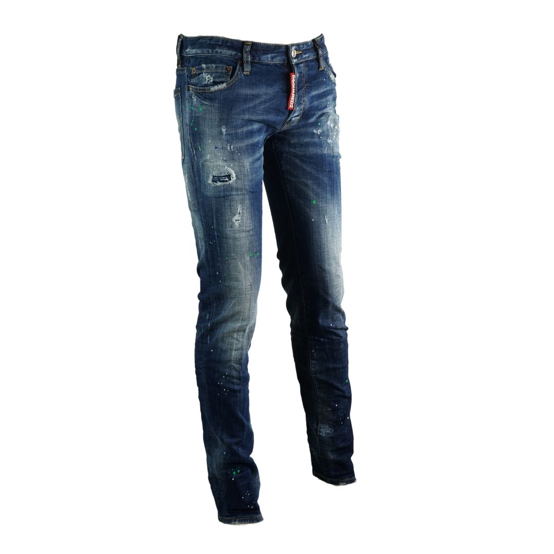 Dsquared2 Slim Jean Paint Splash Effect Jeans. D2 Slim Jean S71LB0637 S30342 470. Stretch Denim 98% Cotton 2% Elastane. Button Fly, Made In Italy. Slim Fit With A Tapered Leg. Large Branded Badge ,Paint Splash Detail, Destroyed Reinforced Denim
