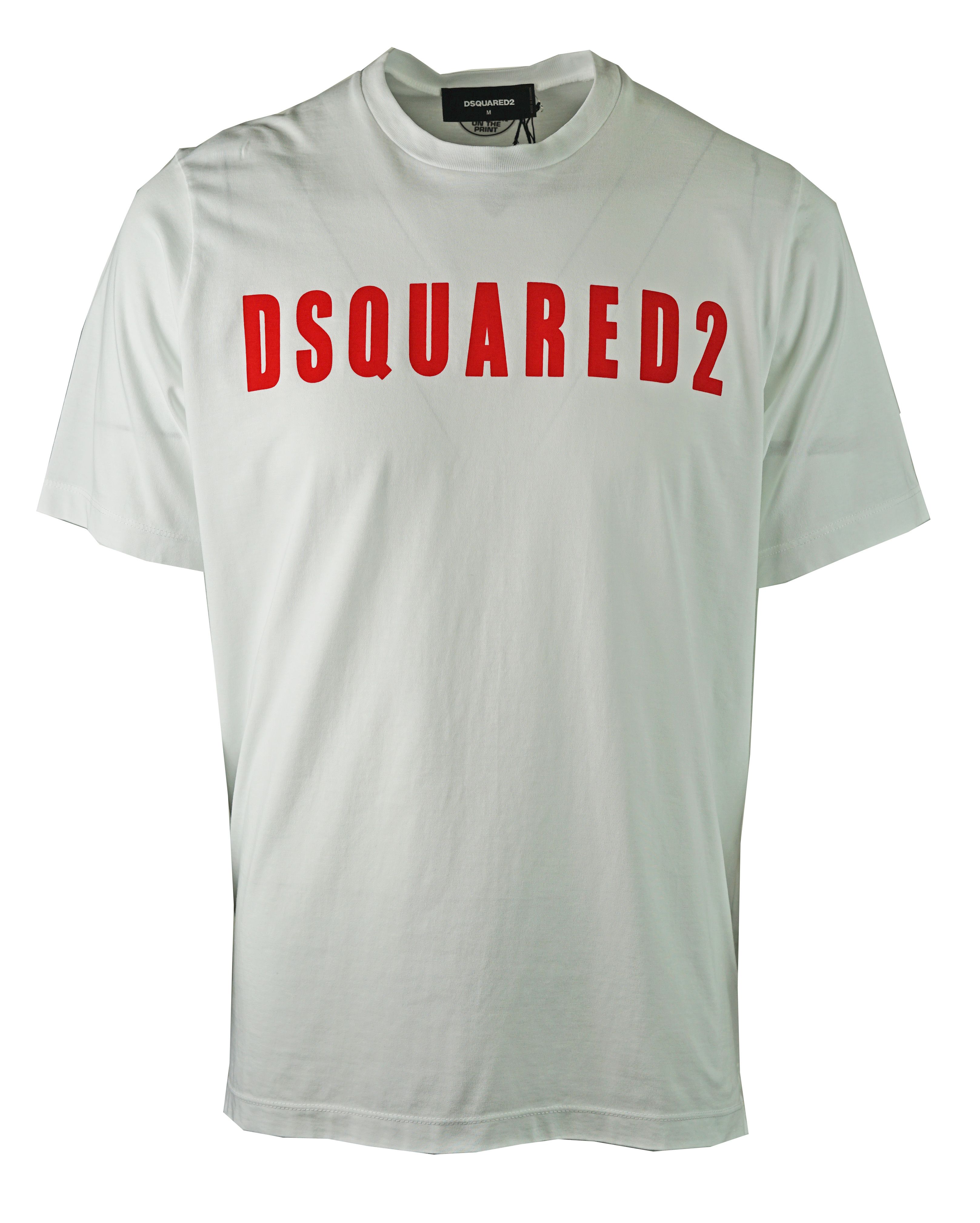 DSquared2 S74GD0472 S20694 100 T-Shirt. Round Crew Neck Tee. 100% Cotton. Short Sleeves. Large Branded Print On The Front. Ribbed Neck and Sleeve Endings