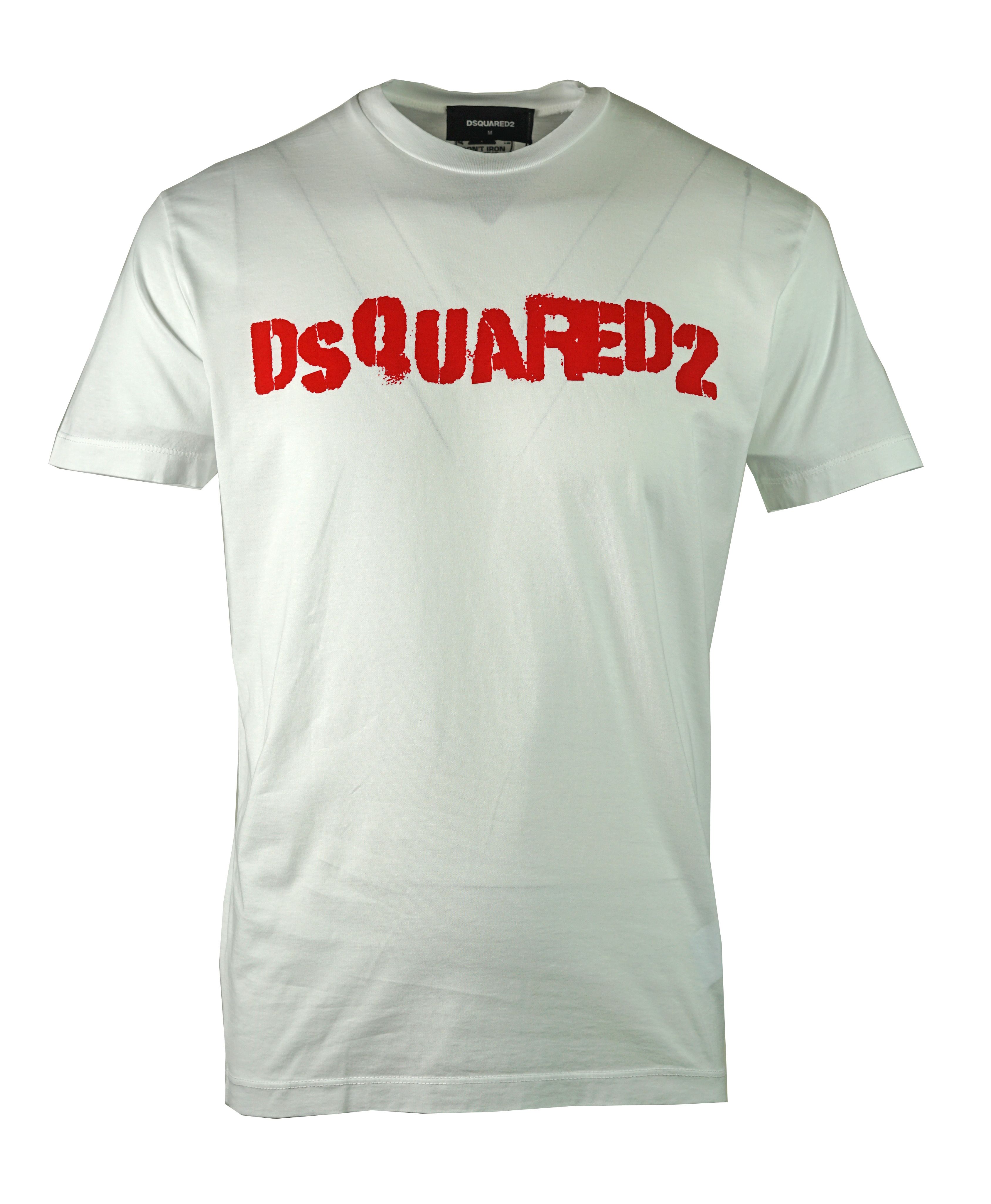 DSquared2 S74GD0494 S22427 100 T-Shirt. Round Crew Neck Tee. 100% Cotton. Short Sleeves. Large Branded Print On The Front. Ribbed Neck and Sleeve Endings