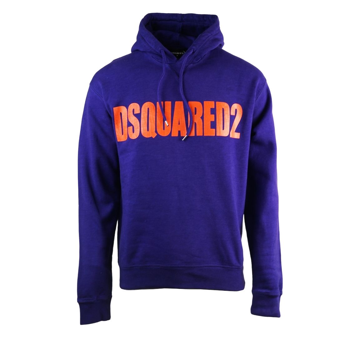 Dsquared2 New Dan Fit Large Logo Purple Hoodie. Dsquared2 S74GU0358 S25030 382 Hoodie. 100% Cotton, Made It Italy. Large Branded Logo On Chest. New Dan Fit, Regular Fit, Fits True To Size. Elasticated Sleeve Endings and Waist Band