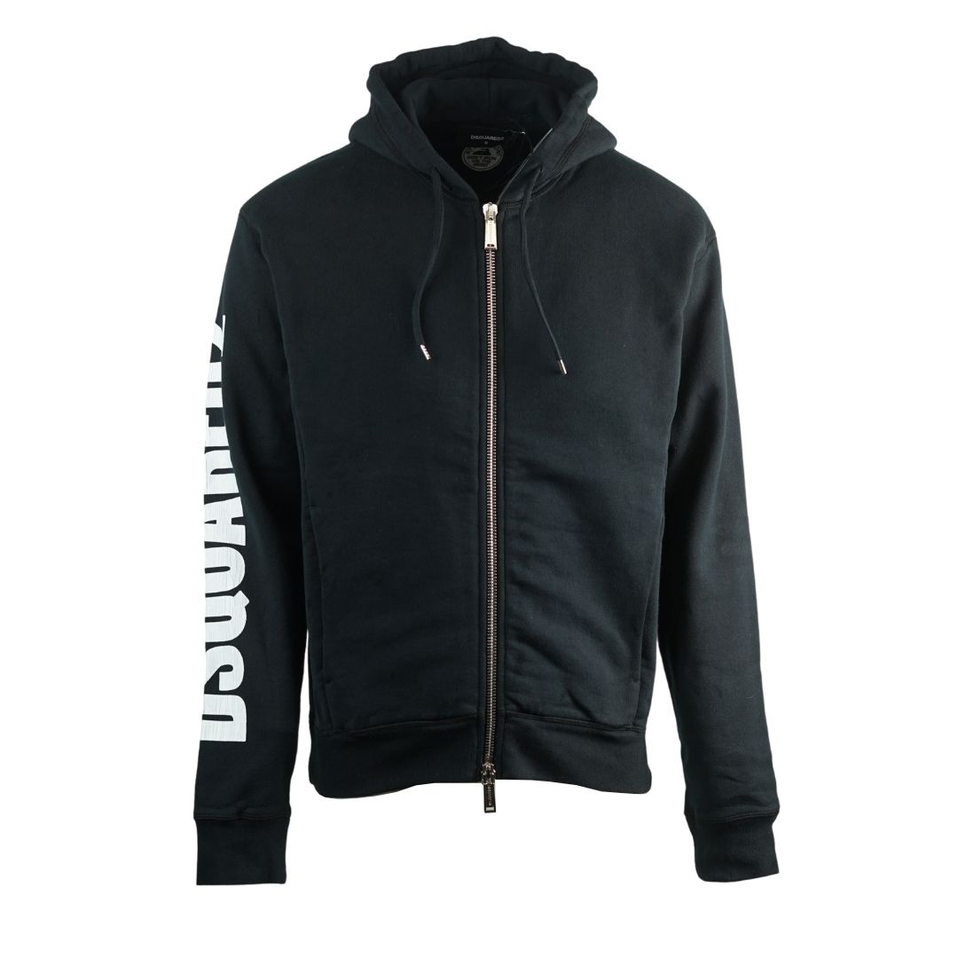 Dsquared2 New Dan Fit Arm Logo Black Hoodie. Dsquared2 S74HG0069 S25030 900 Zip Up Hoodie. 100% Cotton, Made It Italy. Large Branded Logo Along Right Arm. New Dan Fit, Regular Fit, Fits True To Size. Elasticated Sleeve Endings and Waist Band