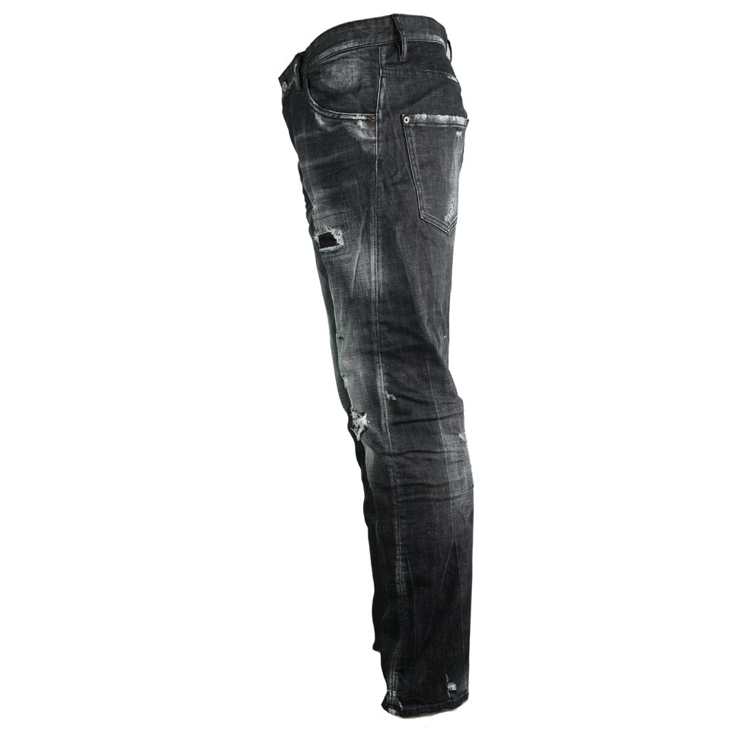 Dsquared2 Classic Kenny Twist Jean Distressed Black Jeans. Classic Kenny Jean S74LB0585 S30357 900. Stretch Denim 98% Cotton 2% Elastane. Button Fly, Made In Italy. Slim Fit With A Tapered Leg, Twisting Seam. Large Branded Badge