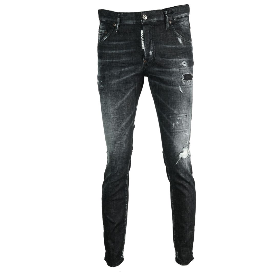 Dsquared2 Skater Jean Distressed Black Jeans. Dsquared2 Skater Jean S74LB0586 S30357 900. Stretch Denim 98% Cotton 2% Elastane. Button Fly, Made In Italy. Slim Fit With A Tapered Leg. Large Branded Badge, Destroyed Reinforced Denim