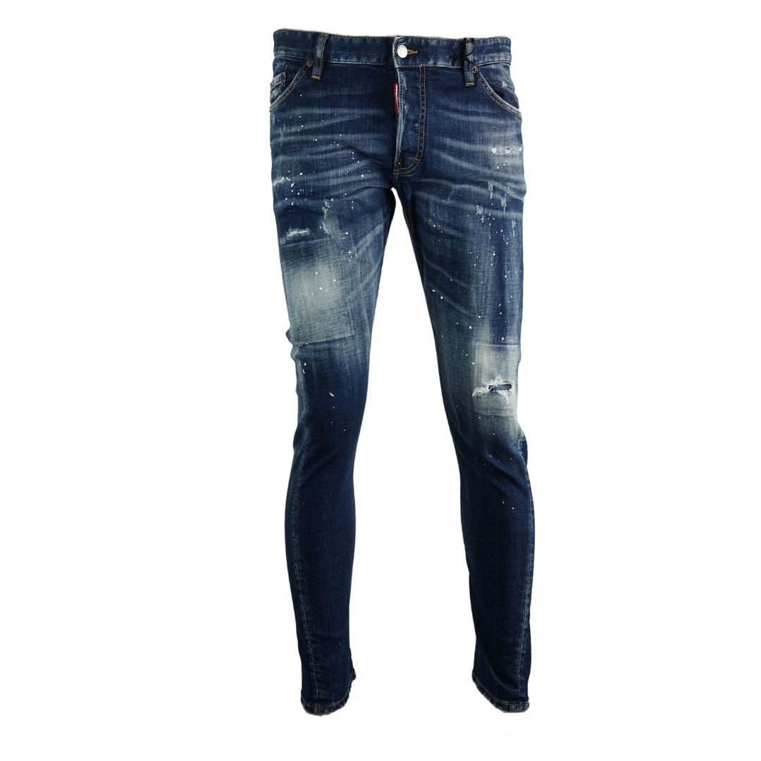 Dsquared2 Sexy Twist Jean Paint Splatter Jeans. Dsquared2 Sexy Twist Jean S74LB0596 S30342 470. Stretch Denim 98% Cotton 2% Elastane. Button Fly. Slim Fit With A Tapered Leg. Large Branded Badge ,Paint Splash Detail, Destroyed Reinforced Denim
