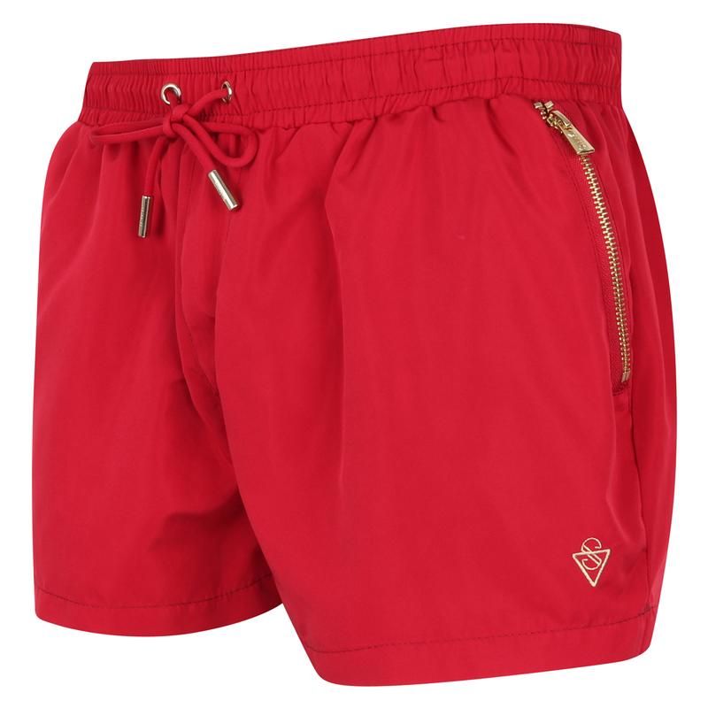 Signature Bermuda Red Swim Shorts with Gold Detailing