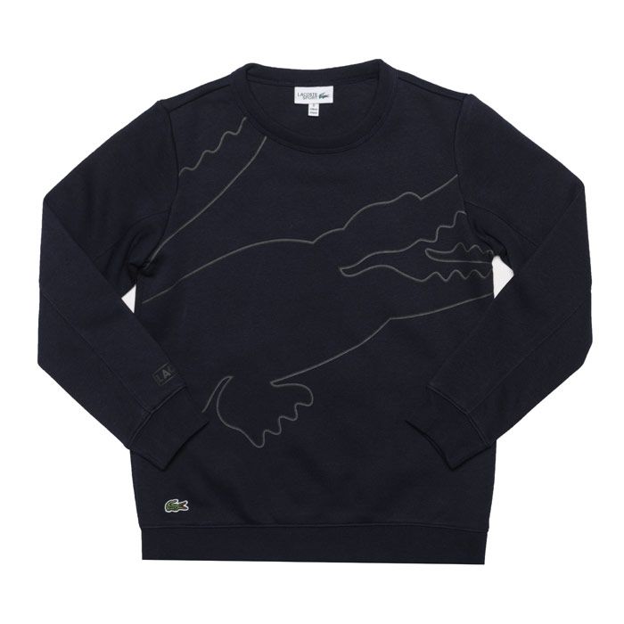 Junior Boys Lacoste Sport Logo Crew Sweatshirt in navy blue.<BR><BR>- Ribbed crew neck.<BR>- Long sleeves.<BR>- Outline crocodile graphic printed to front.<BR>- Ribbed cuffs and hem.<BR>- Soft cotton blend fleece construction with brushed lining.<BR>- Signature crocodile logo applied above right hem.<BR>- Lacoste lettered branding at right cuff.<BR>- Body: 69% Cotton  31% Polyester.  Rib: 97% Cotton  3% Elastane.  Machine washable.<BR>- Ref: SJ5367-00-6E8