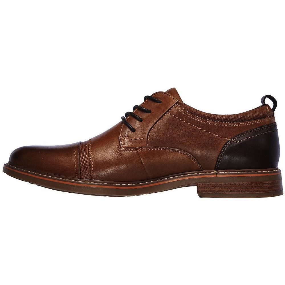 Lead the revolution in refined style and wearable comfort with the Selone shoe. Smooth leather upper in a lace up dress casual cap toe oxford with stitching and overlay accents.
