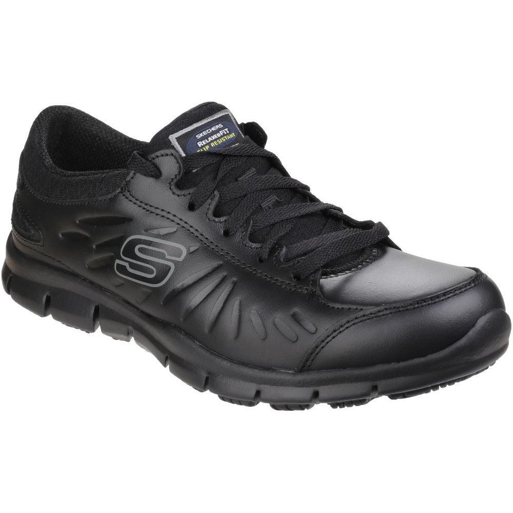 Sporty style meets surefooted comfort in the SKECHERS Work Relaxed Fit: Eldred SR shoe. Smooth leather upper in a lace up sporty casual work slip resistant sneaker with stitching accents and Memory Foam insole.