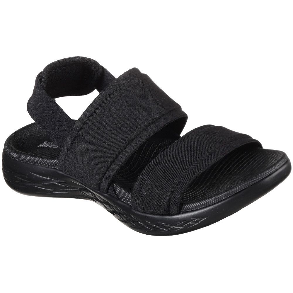 Greet the warm weather with sporty style and comfort in the Skechers On the GO 600 Foxy sandal. Soft knit heathered finish mesh fabric in a sporty casual comfort strappy slingback slide sandal with Goga Max footbed and Skechers GOrun 600 design sole