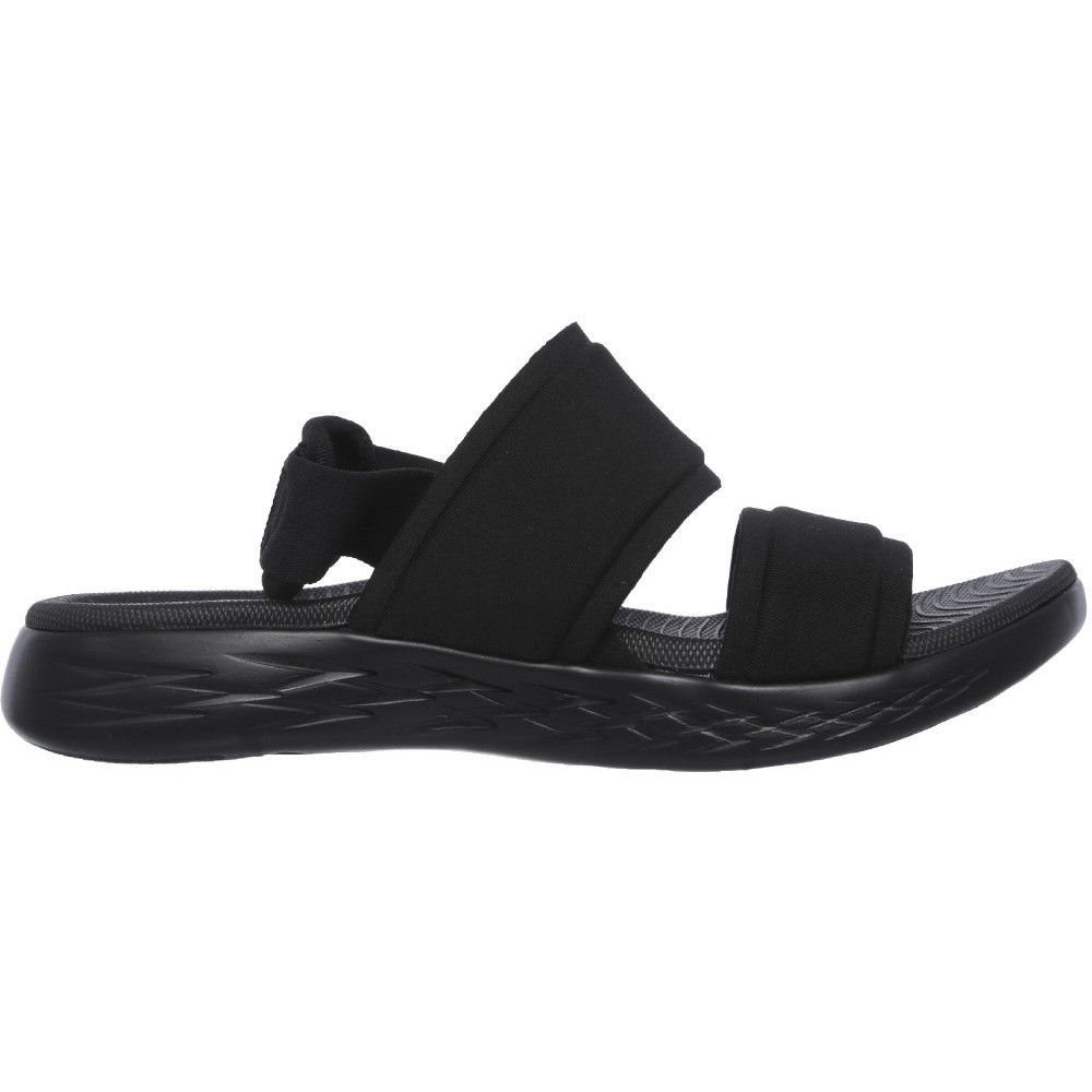Greet the warm weather with sporty style and comfort in the Skechers On the GO 600 Foxy sandal. Soft knit heathered finish mesh fabric in a sporty casual comfort strappy slingback slide sandal with Goga Max footbed and Skechers GOrun 600 design sole
