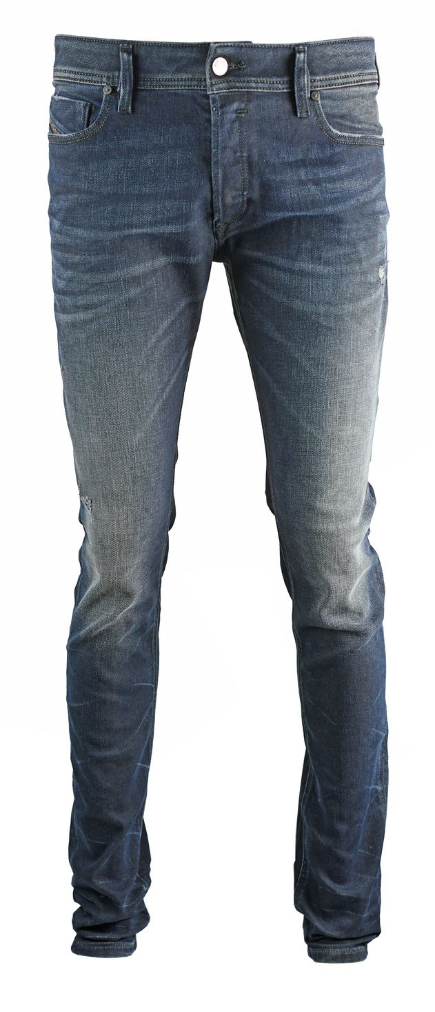 Diesel Sleenker 084JM Jeans. Distressed and Faded. 87% Cotton, 12% Polyester, 1% Elastane. 5 Pockets. Button Fly. Style - Sleenker 84JM