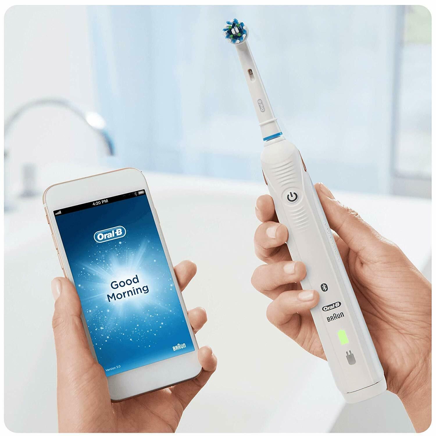 Oral-B Smart 4500N CrossAction Electric 3 Modes Toothbrush With 2 Heads Black

    Experience Oral-B SMART 4, from the brand that brought you the first ever connected rechargeable toothbrush. The sleek handle of the SMART 4 4500N electric toothbrush improves your brushing habits. It seamlessly connects with the Oral-B app in your phone and guides you with real time feedback to brush better. 
    While you are improving your brushing routine, Oral-B's unique round head does all the rest. It removes up to 100 percent more plaque than a standard manual toothbrush for healthier gums and it starts making your smile whiter as of the first day of brushing by removing surface stains. 
    Not only this, but the toothbrush helps you protect your delicate gums with the proprietary pressure control technology that reduces brushing speed and alerts you to be gentler if you brush too hard. With the Smart Coaching, you will improve your brushing habits and your oral health.
    No wonder Oral-B is the N1 recommended brand by dentists worldwide. Compatible with the following replacement toothbrush heads: Cross Action, 3D White, Sensi Ultrathin, Sensitive Clean, Precision Clean, Floss Action, Tri Zone, Dual Clean, Power Tip, Ortho Care.

Key Features :

    Up to 100 Percent more plaque removal: Round head cleans better for healthier gums.
    Better brushing results with real-time feedback as you brush.
    Protect your gums: Pressure sensor alerts you if you brush too hard.
    Gently whitens your teeth starting from day 1 by removing surface stains.
    Battery lasts more than 2 weeks with one charge.
    Know you brush the right amount of time with the 2 minutes professional timer.
    Three brushing modes including daily clean, whitening and sensitive.
    Include: One black handle with charger, 2 x brush head, one free travel case.

The professionally inspired design of the toothbrush head surrounds each tooth and the dynamic movement of 3D cleaning action adapts to your teeth as it oscillates, rotates, and pulsates to break up and remove up to 100% more plaque than a regular manual toothbrush.

Free Travel Case
A limited edition travel case is included in the pack.
	
Pressure Sensor
The Visible Pressure Sensor on the PRO 4500 electric toothbrush lights up to alert you when you are brushing too hard. Applying too much pressure can lead to harmful over-brushing, making the pressure sensor an ideal feature for better brushing.
	
Pro Timer
A helpful on-handle timer buzzes every 30 seconds to let you know when it�s time to focus on brushing the next quadrant of your mouth. The electric toothbrush also alerts you when you have brushed for the dentist-recommended time of 2 minutes.


Not Available for the following postcodes:
AB, BT, DB99, DD9-11, EH35-46, FK18-21, AB, BT, DB99, GY, HS, IM, IV, KA27, KA28, KW, KY9-16, PA, PH, PO30-41, TD, TR21-25, ZE