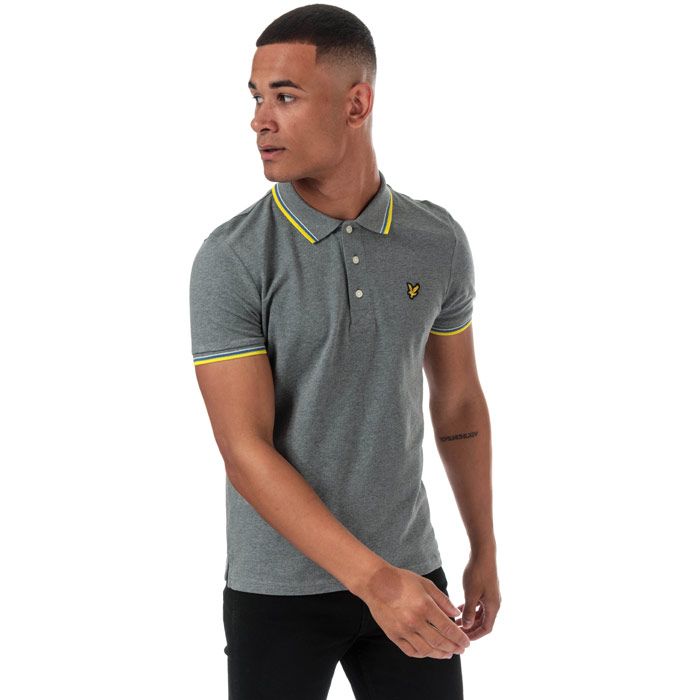 Mens Lyle And Scott Tipped Polo Shirt in mid grey marl - buttercup yellow.<BR><BR>- Ribbed polo collar.<BR>- Three button placket.<BR>- Short sleeves with ribbed cuffs.<BR>- Contrast tipping at collar and cuffs.<BR>- Even vented hem.<BR>- Embroidered eagle logo at left chest.<BR>- Woven herringbone back neck tape.<BR>- Regular fit.<BR>- 100% Cotton piqué.  Machine washable.<BR>- Ref: SP800VTRZ915