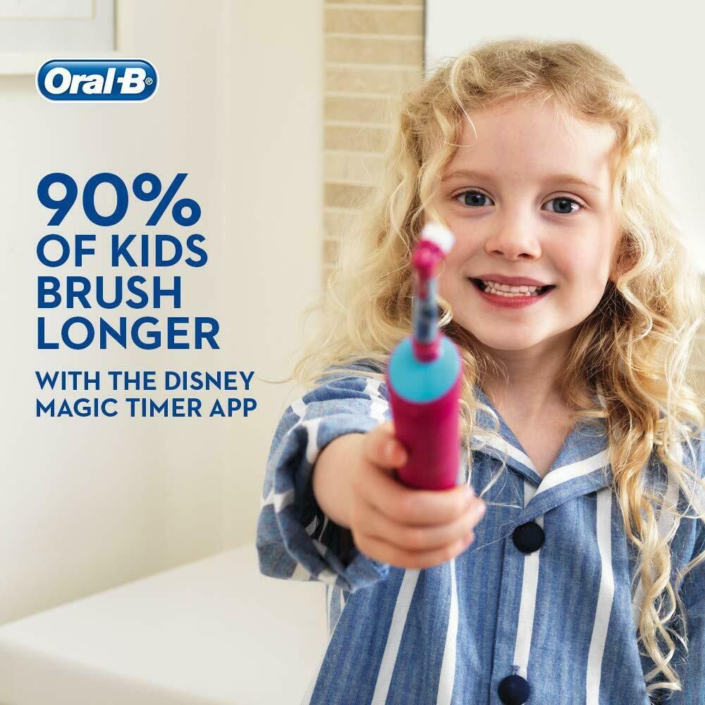 Oral-B Stages Power Kids Electric Toothbrush Featuring Frozen Characters

    Rotating powerhead reaches, surrounds and thoroughly cleans multiple surfaces
    Extra-soft bristles clean teeth as gently as a soft manual brush
    Removes more plaque than a regular manual toothbrush
    Makes brushing teeth fun with Disney Frozen characters
    Compatible with the Disney Magic Timer app by Oral-B to help kids brush longer
    9 out of 10 kids will brush longer with the Magic Timer app
    Rechargeable battery lasts up to 5 days

The Oral-B Stages Power Kids Electric Toothbrush, featuring Frozen, moves with oscillating-rotating action for a proper clean, helping your kids have fun while they get the maximum out of their oral care routine.
	
The rotating PowerHead features extra-soft bristles, so your child can get comprehensively clean teeth as they learn proper oral care habits. Ideal for ages 3+, the design is ideal for smaller mouths, putting a powerful yet gentle clean in their growing hands.
	
The helpful rechargeable battery in the handle ensures that their brushing fun is always ready to go at the touch of a button. The battery can last up to five days on a single charge.