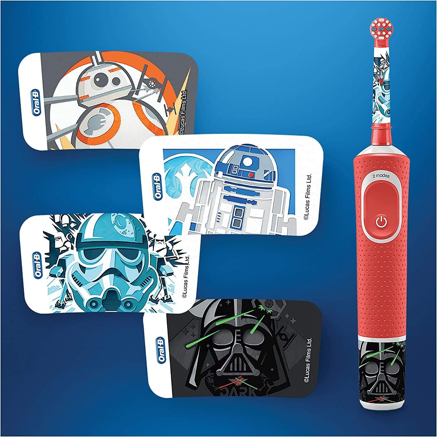Oral-B KIDS 3+ Star Wars Electric Toothbrush for Kids with Travel Case.  The Oral-B Kids electric toothbrush for ages 3+ gives kids the fun of Star Wars with the gentle, effective clean of a dentist-recommended Oral-B toothbrush. With a unique, kid-friendly sensitive mode, this brush gently cleans kids' teeth. It removes more plaque than a regular manual toothbrush. Four Star Wars themed stickers are included to customize the handle. 

Features: 

  Specifically designed to be gentle for kids
  Round brush head sized for small mouths
  Extra-soft bristles are gentle on tender gums
  Suitable for ages 3+
  Customize the brush handle with 4 Star Wars themed stickers
  Works with the Disney Magic Timer App by Oral-B
  Rechargeable battery for an 8-day charge
  Encourages brushing for 2 minutes with a built-in-timer

The Box contains: 1x Electric toothbrush, 4x stickers for the body of the brush, 1x replacement stages powerhead, 1x travel case with motif, 1x charging.