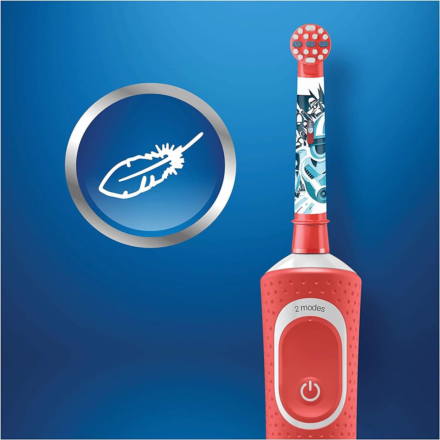 Oral-B KIDS 3+ Star Wars Electric Toothbrush for Kids with Travel Case.  The Oral-B Kids electric toothbrush for ages 3+ gives kids the fun of Star Wars with the gentle, effective clean of a dentist-recommended Oral-B toothbrush. With a unique, kid-friendly sensitive mode, this brush gently cleans kids' teeth. It removes more plaque than a regular manual toothbrush. Four Star Wars themed stickers are included to customize the handle. 

Features: 

  Specifically designed to be gentle for kids
  Round brush head sized for small mouths
  Extra-soft bristles are gentle on tender gums
  Suitable for ages 3+
  Customize the brush handle with 4 Star Wars themed stickers
  Works with the Disney Magic Timer App by Oral-B
  Rechargeable battery for an 8-day charge
  Encourages brushing for 2 minutes with a built-in-timer

The Box contains: 1x Electric toothbrush, 4x stickers for the body of the brush, 1x replacement stages powerhead, 1x travel case with motif, 1x charging.