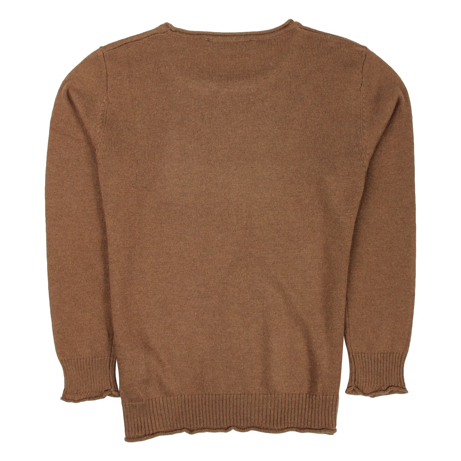 Manuel Ritz black camel sweater -Details of long-sleeved sweater with rolled cuffs, wide neckline, camel-colored bottom, front with black logo, visible in the center, basic back -Hand wash
