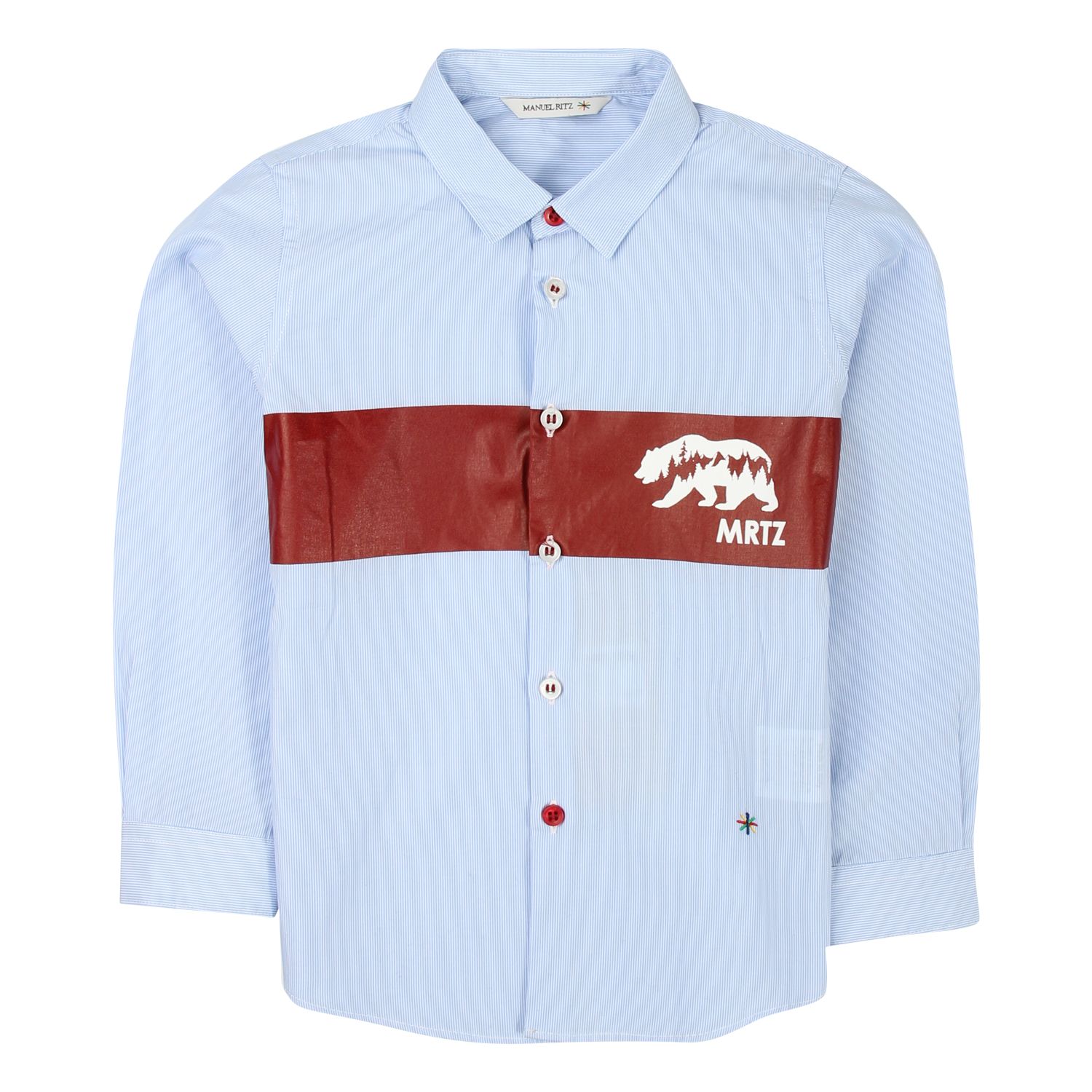 Manuel Ritz light blue shirt -Details of long-sleeved shirt, buttoned cuffs, classic collar, blue and white striped, front with burgundy logo print, central closure -Washing max 30 °