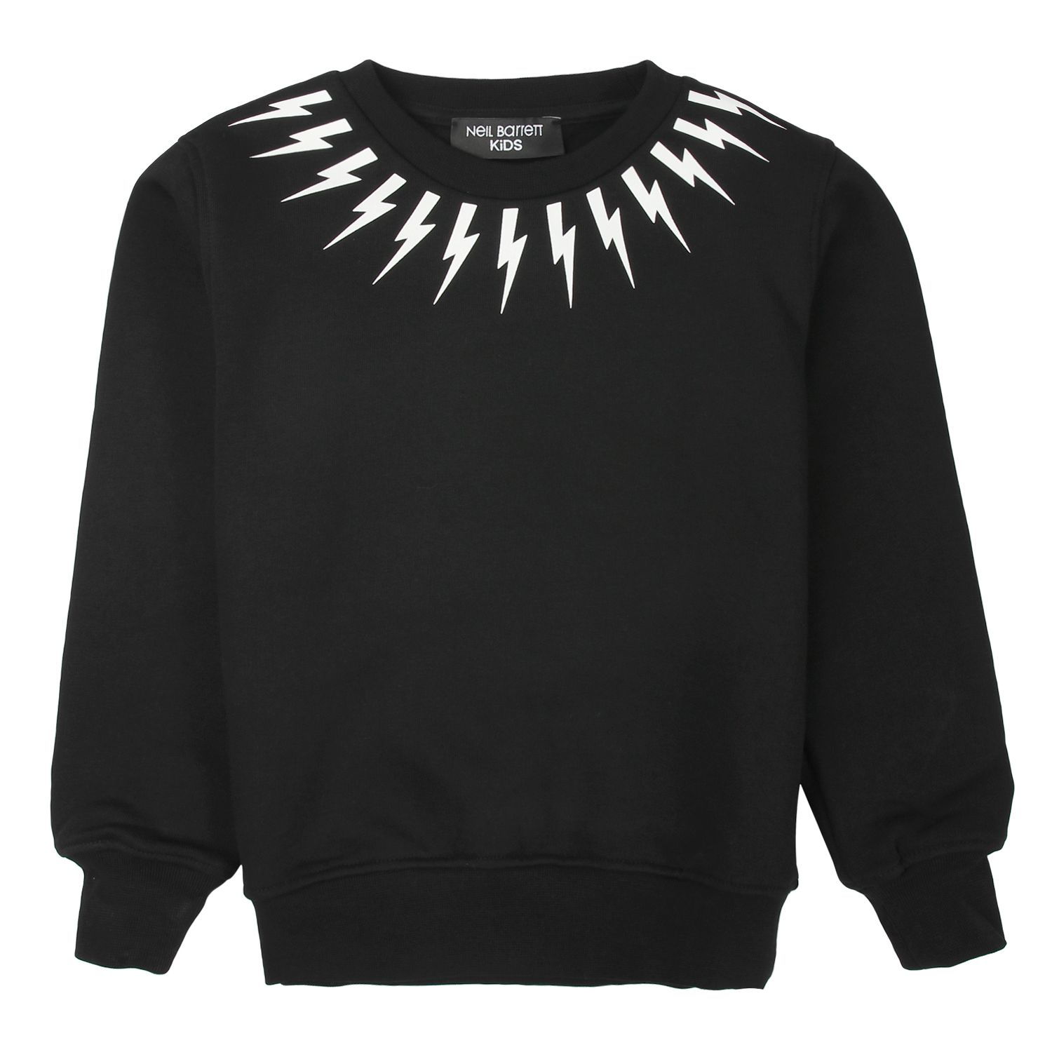 Neil Barrett black sweatshirt -Details long-sleeved sweatshirt with elastic cuffs, U-neck, black background, lightning bolts printed at the crew neck, front and back, contrasting color -Washing max 30 °