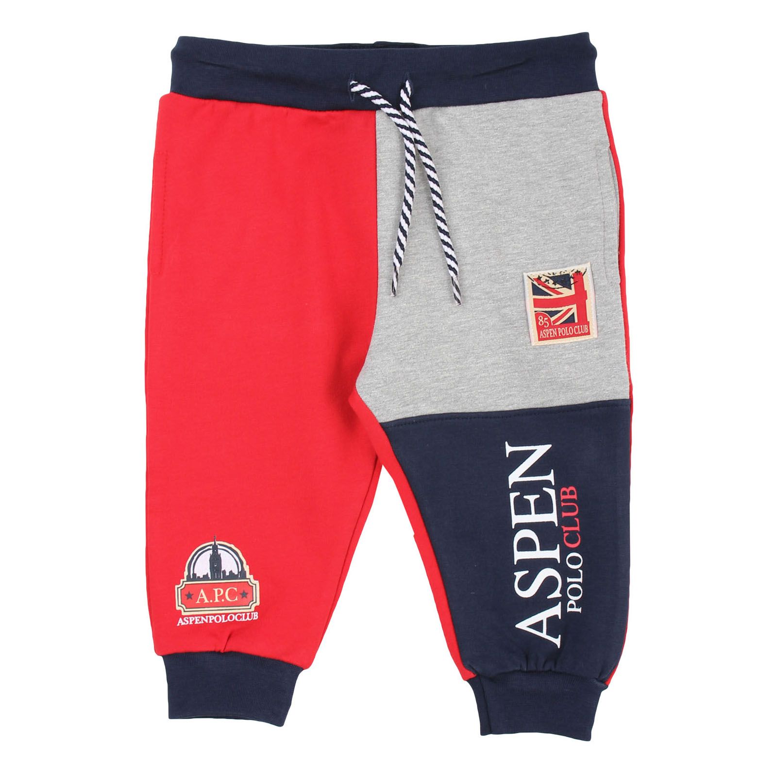 Red Aspen polo club trousers -Details fleece trousers, elastic waistband with hidden drawstring to tie in the center, tricolor, red, blue and gray, patches and logoed prints, 3 pockets, back with patterned pocket, elastic at the ankles -Wash max 30 °