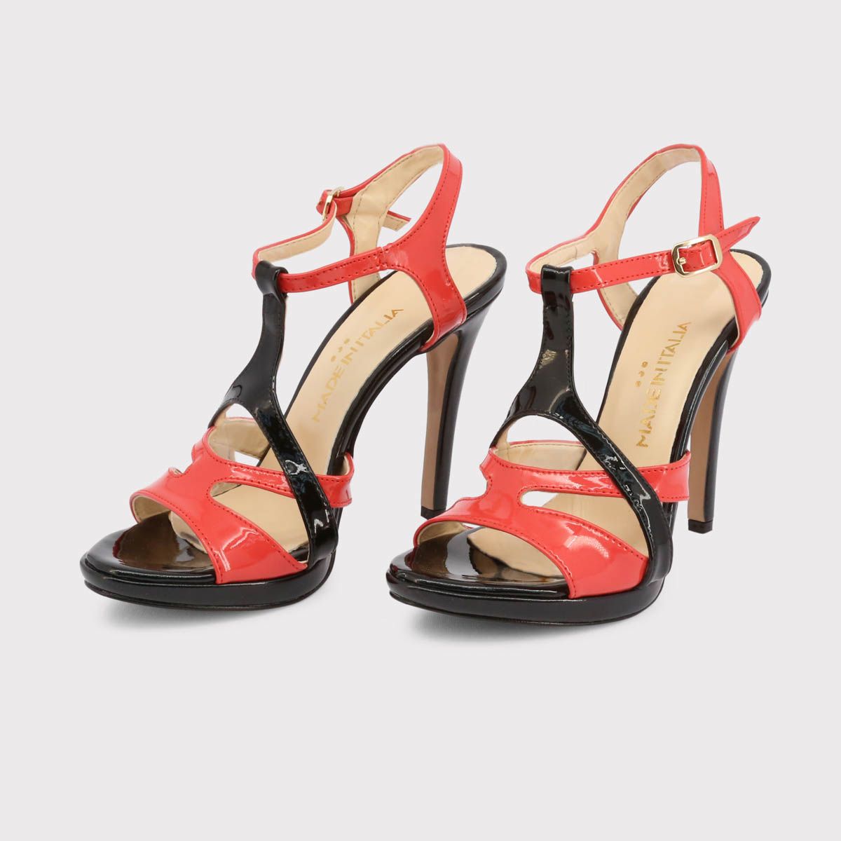 Womens shoes <br> Collection SS <br> 100% made in ITALY <br> Woman Sandals <br> Upper:  synthetic leather <br> Insole:  leather <br> Sole:  rubber <br> closing with adjustable side buckle <br> heel 10 cm, plateau 1 cm