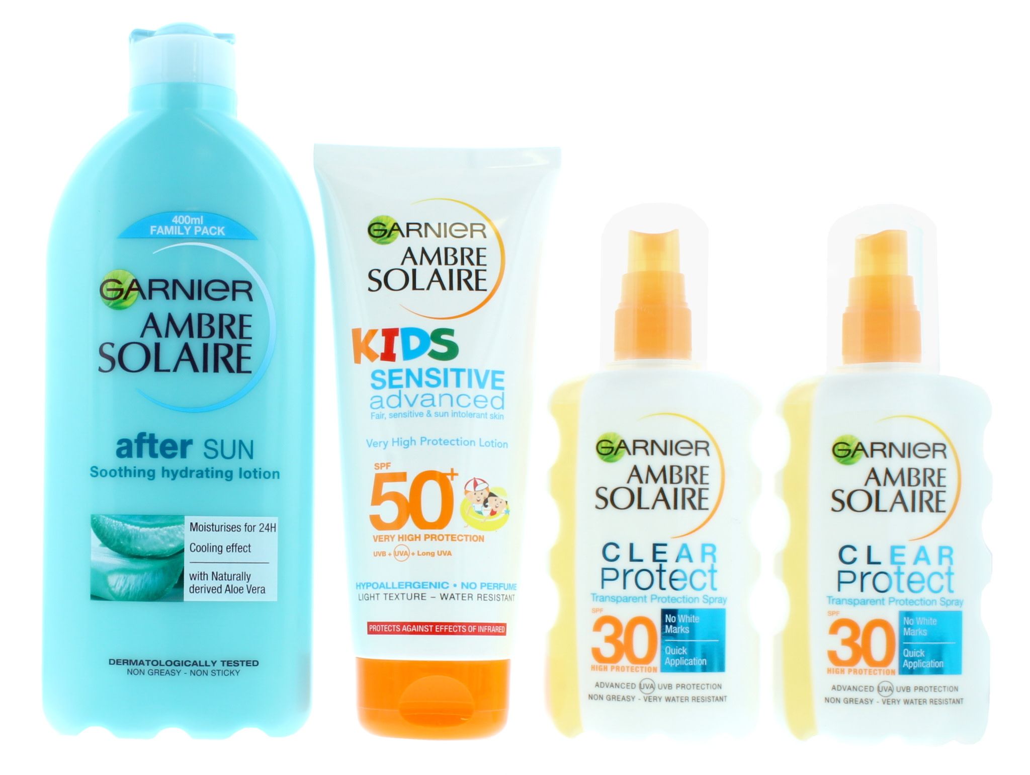 Ambre Solaire Family Sun Care Kit - After Sun + 2 x SPF30 and Kids SPF50. Clear Protect Sun Cream Spray - This high protection, transparent formula leaves no white marks. Non-greasy, water-resistant. Sensitive Enhanced Kids Lotion - This very high protection SPF50+ lotion is specially developed for childrens’ delicate and sensitive skin; hypoallergenic, no perfumes or colourants. Family Size After Sun Lotion - Garnier after sun is enriched with naturally derived Aloe Vera; the formula provides 24 hours hydration and soothes and nourishes skin. All of Garnier sun protection products contain UVA and UVB protection and is tested under paediatric control. Garnier’s research into sun protection is recognised by the British skin foundation. This is a pack of 3.
