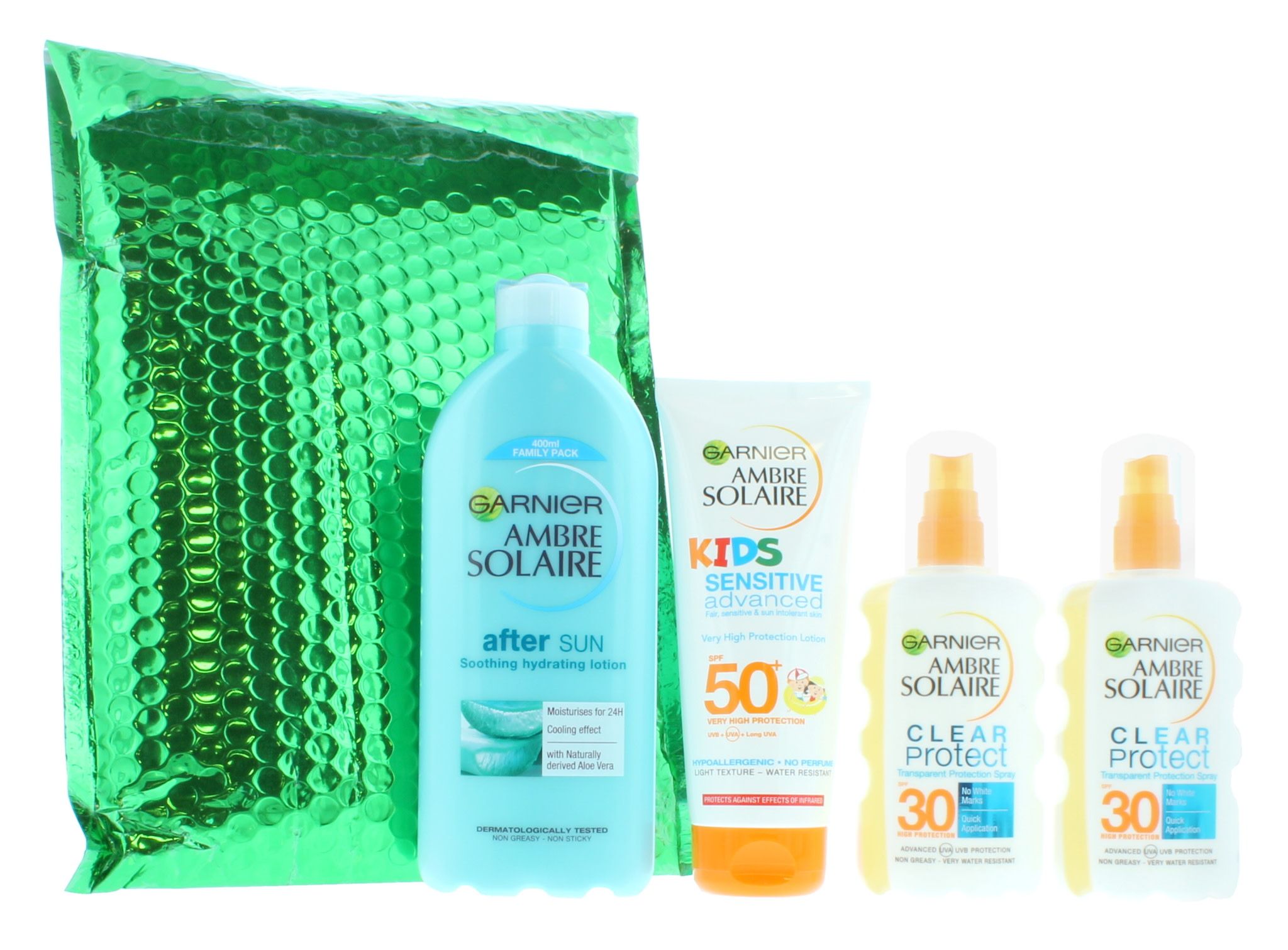 Ambre Solaire Family Sun Care Kit - After Sun + 2 x SPF30 and Kids SPF50. Clear Protect Sun Cream Spray - This high protection, transparent formula leaves no white marks. Non-greasy, water-resistant. Sensitive Enhanced Kids Lotion - This very high protection SPF50+ lotion is specially developed for childrens’ delicate and sensitive skin; hypoallergenic, no perfumes or colourants. Family Size After Sun Lotion - Garnier after sun is enriched with naturally derived Aloe Vera; the formula provides 24 hours hydration and soothes and nourishes skin. All of Garnier sun protection products contain UVA and UVB protection and is tested under paediatric control. Garnier’s research into sun protection is recognised by the British skin foundation. This is a pack of 3.