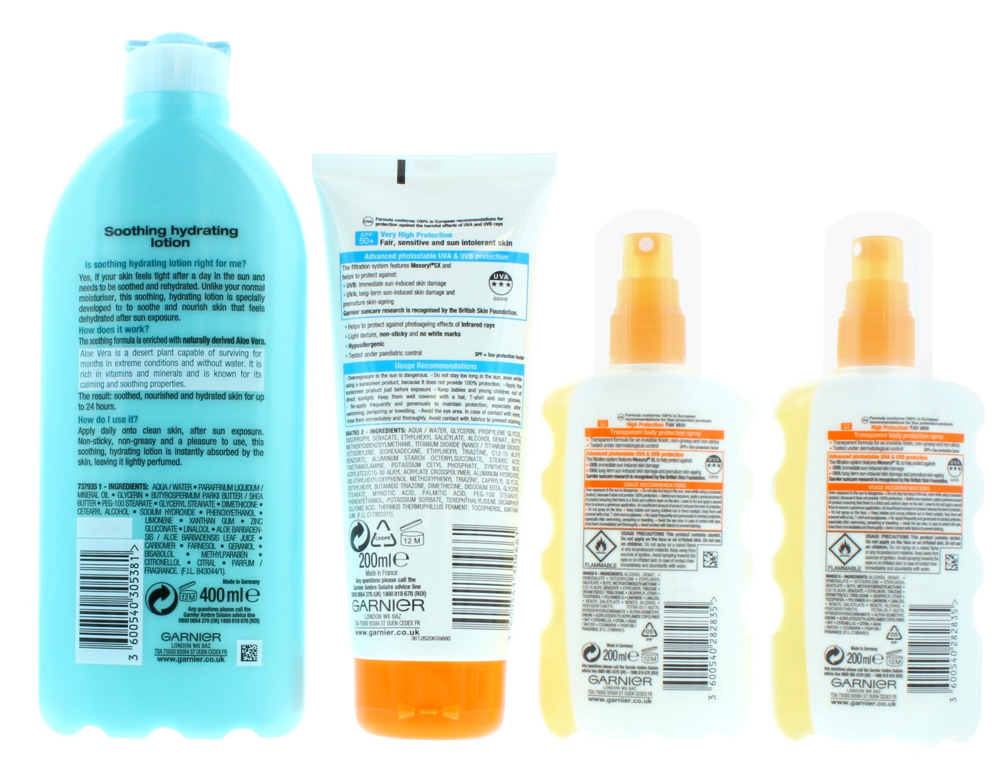 Ambre Solaire Family Sun Care Kit - After Sun + 2 x SPF30 and Kids SPF50. Clear Protect Sun Cream Spray - This high protection, transparent formula leaves no white marks. Non-greasy, water-resistant. Sensitive Enhanced Kids Lotion - This very high protection SPF50+ lotion is specially developed for childrens’ delicate and sensitive skin; hypoallergenic, no perfumes or colourants. Family Size After Sun Lotion - Garnier after sun is enriched with naturally derived Aloe Vera; the formula provides 24 hours hydration and soothes and nourishes skin. All of Garnier sun protection products contain UVA and UVB protection and is tested under paediatric control. Garnier’s research into sun protection is recognised by the British skin foundation. This is a pack of 3.