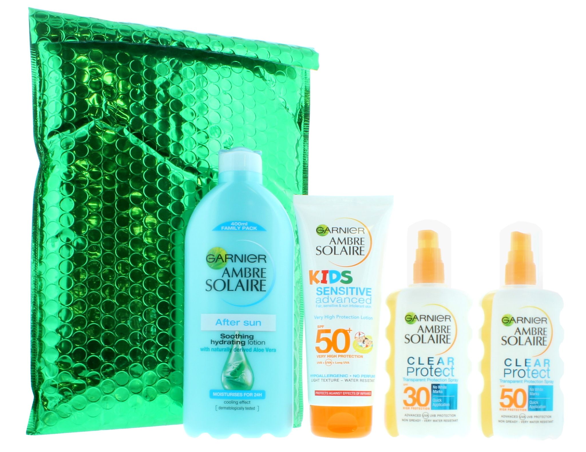 Ambre Solaire Family Sun Care Kit - After Sun + 1 x SPF30 & 1 x SPF50 and Kids SPF50. Clear Protect Sun Cream Spray - This high protection, transparent formula leaves no white marks. Non-greasy, water-resistant. Sensitive Enhanced Kids Lotion - This very high protection SPF50+ lotion is specially developed for childrens’ delicate and sensitive skin; hypoallergenic, no perfumes or colourants. Family Size After Sun Lotion - Garnier after sun is enriched with naturally derived Aloe Vera; the formula provides 24 hours hydration and soothes and nourishes skin. All of Garnier sun protection products contain UVA and UVB protection and is tested under paediatric control. Garnier’s research into sun protection is recognised by the British skin foundation.